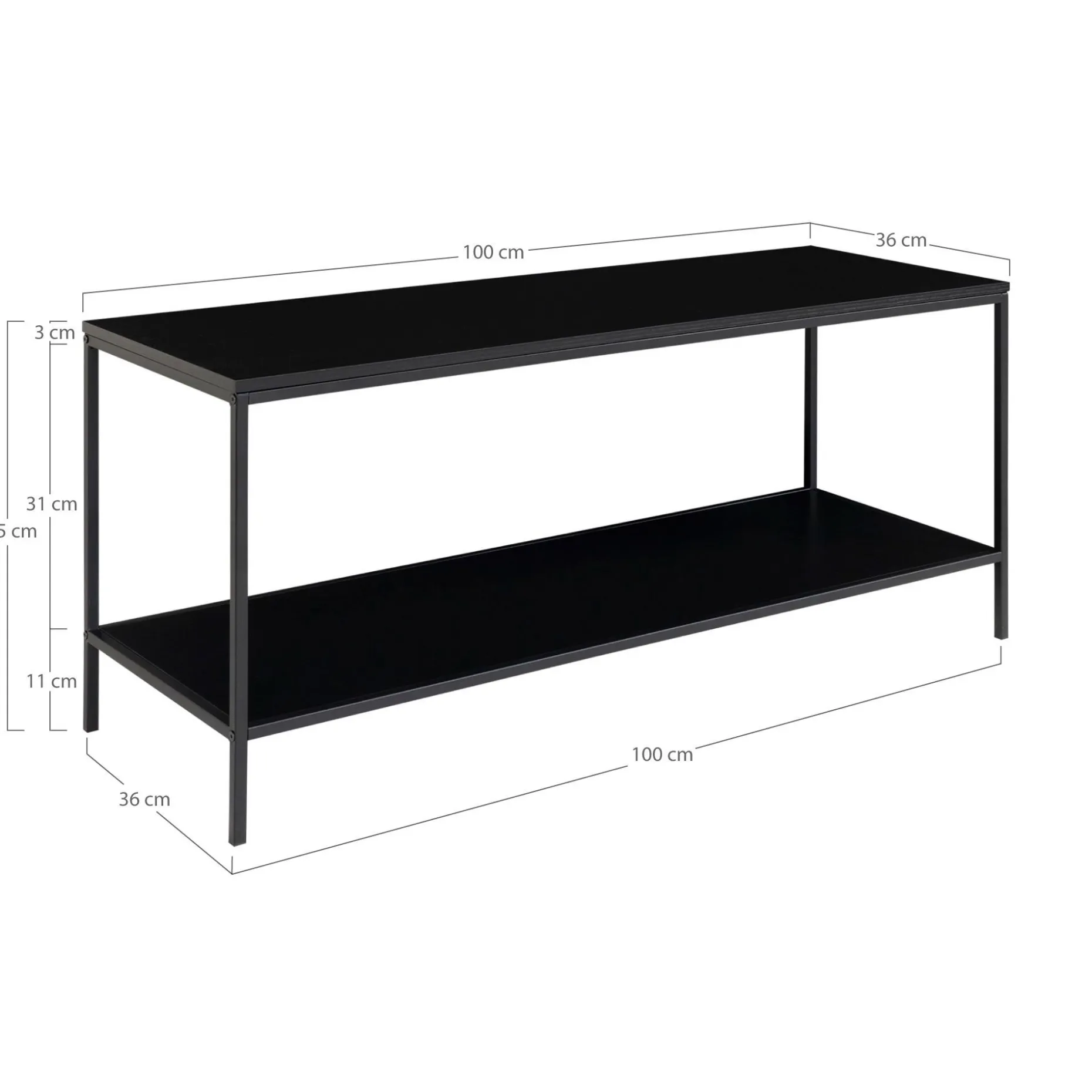 Vita Black TV Stand: 2 Ablagen, Stahlrahmen