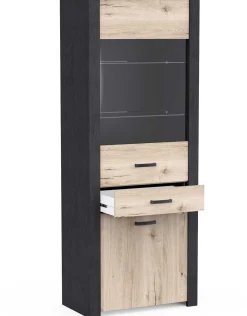 Vitrine Aubrey - 75x42x198cm - 2 Türen und 1 Schublade - Eiche Dekor/schwarz