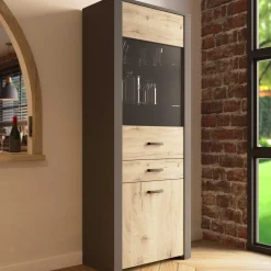 Vitrine Aubrey - 75x42x198cm - 2 Türen und 1 Schublade - Eiche Dekor/schwarz