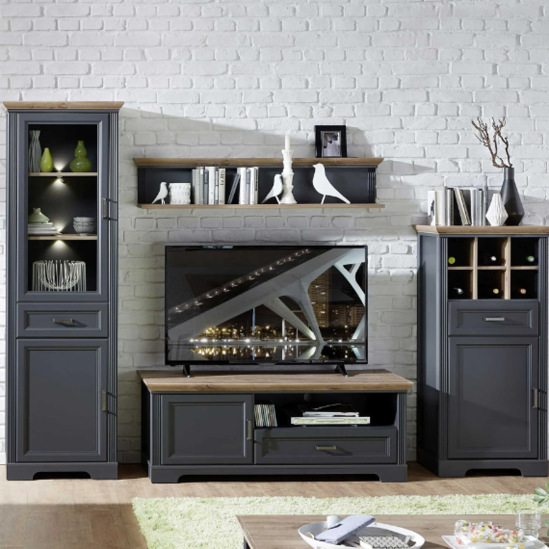 Vitrine Samine 66cm 2 Türen und 1 Schublade - graphit/ik
