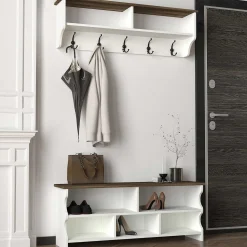 Emob Wandgarderobe Esta - mit Schuhbank - Dekor Weiß/Walnuss