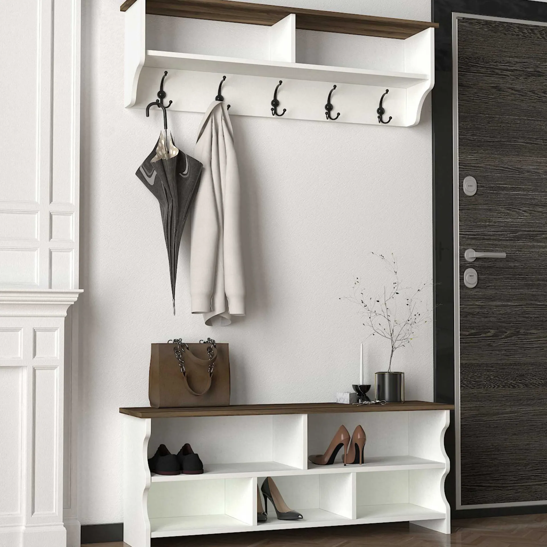 Emob Wandgarderobe Esta - mit Schuhbank - Dekor Weiß/Walnuss