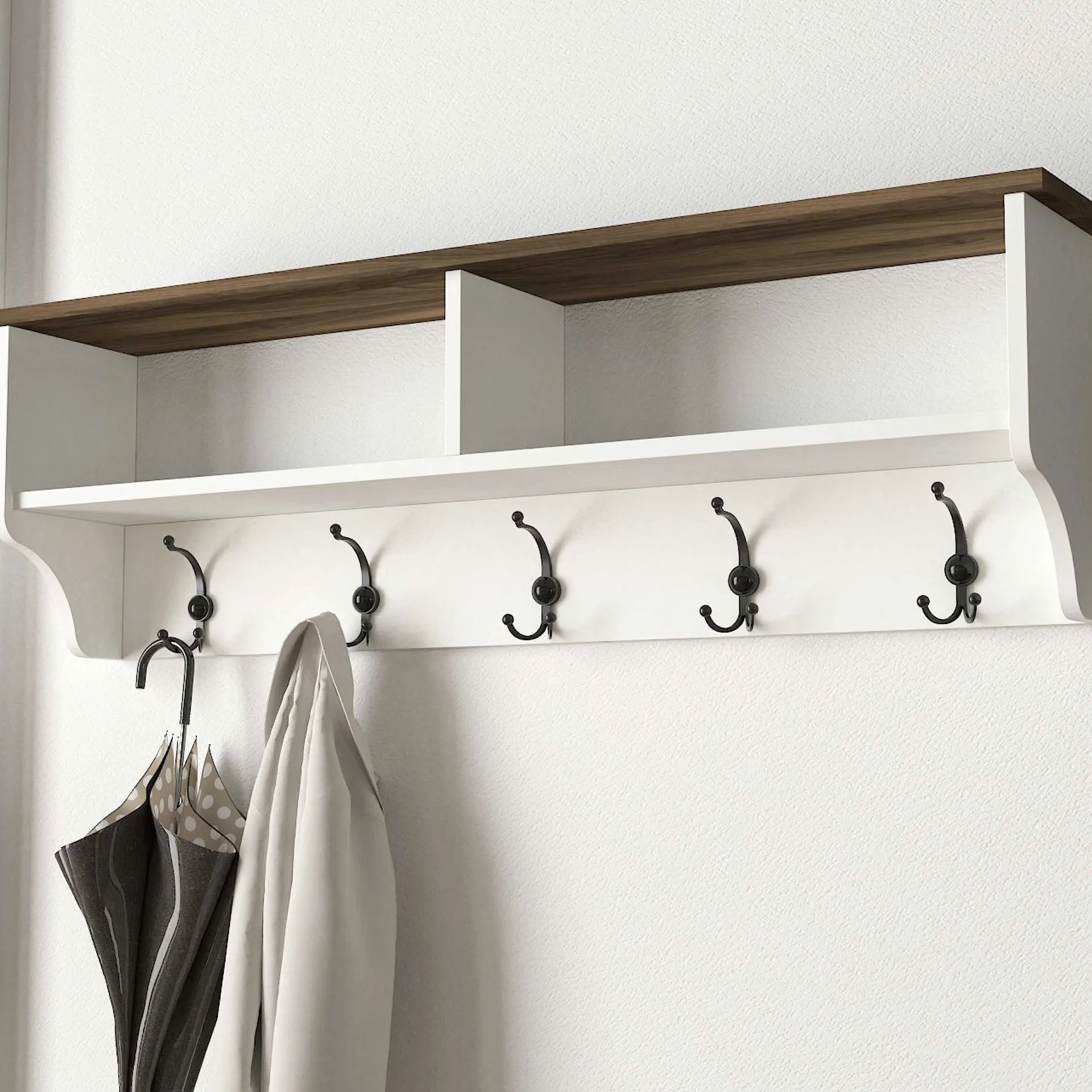 Emob Wandgarderobe Esta - mit Schuhbank - Dekor Weiß/Walnuss