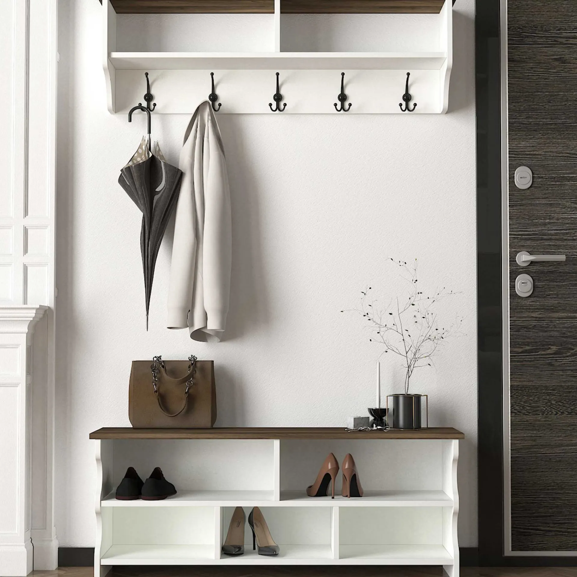 Emob Wandgarderobe Esta - mit Schuhbank - Dekor Weiß/Walnuss