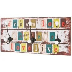 Wandgarderobe mit 3 schwarzen Metallhaken | 60 x 12 x 30 cm | Vintage Design