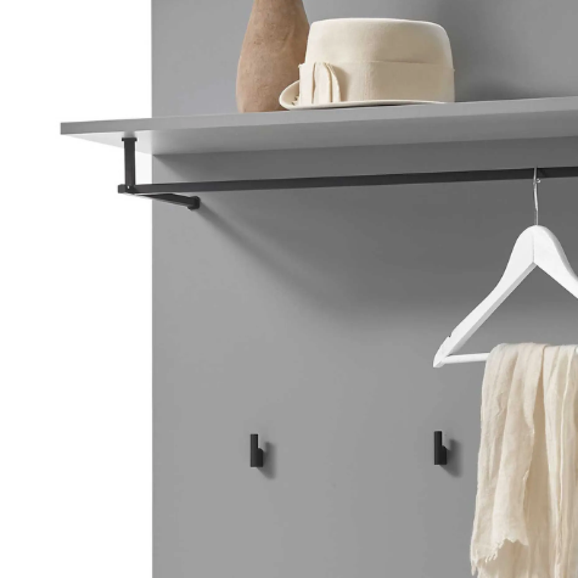 Wandgarderobe Seta 3 Haken mit Hutablage und Stange - hochglänzend grau