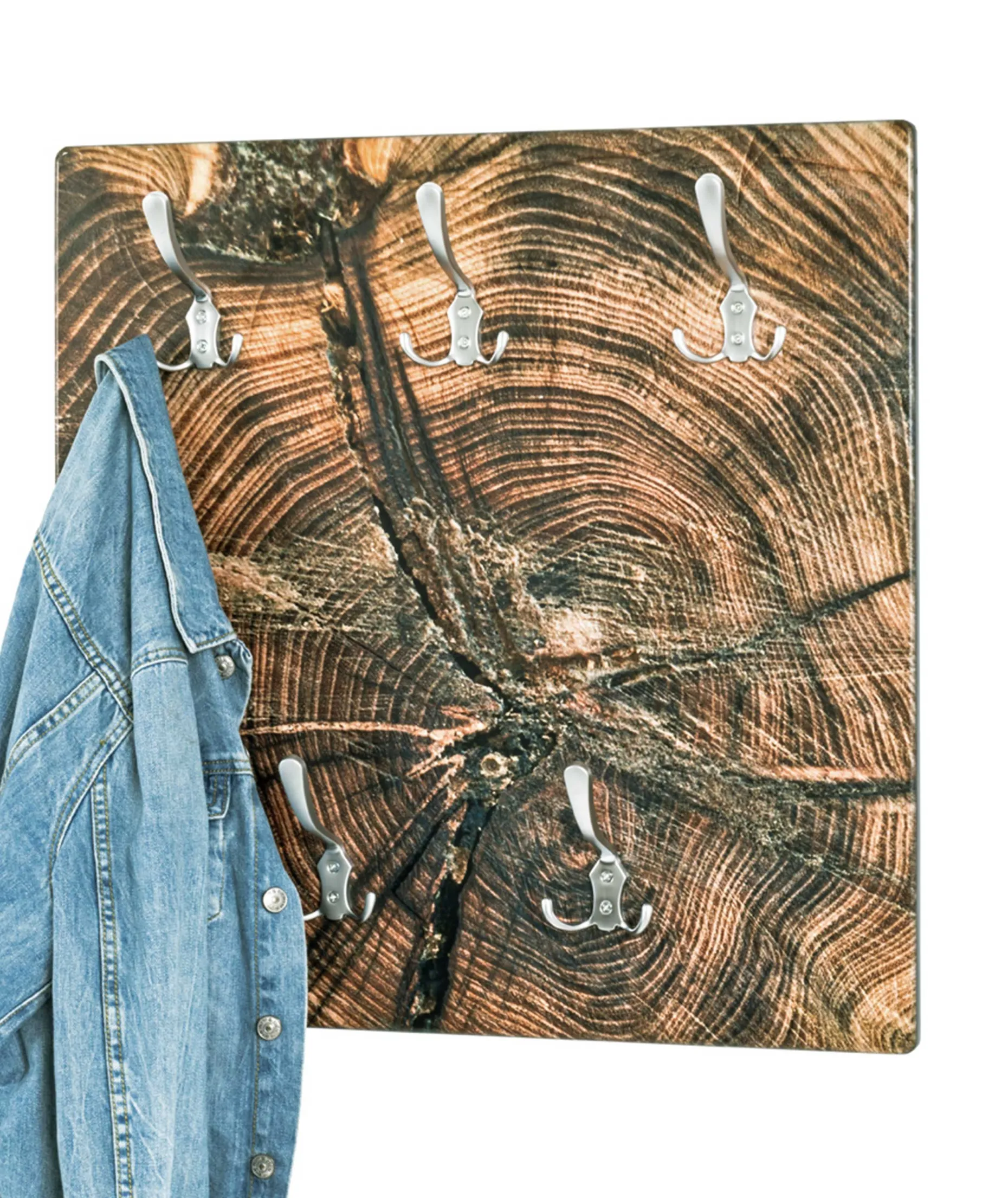 Wandregal mit 5 Haken | 60 x 9 x 60 cm | Baumstamm-Design