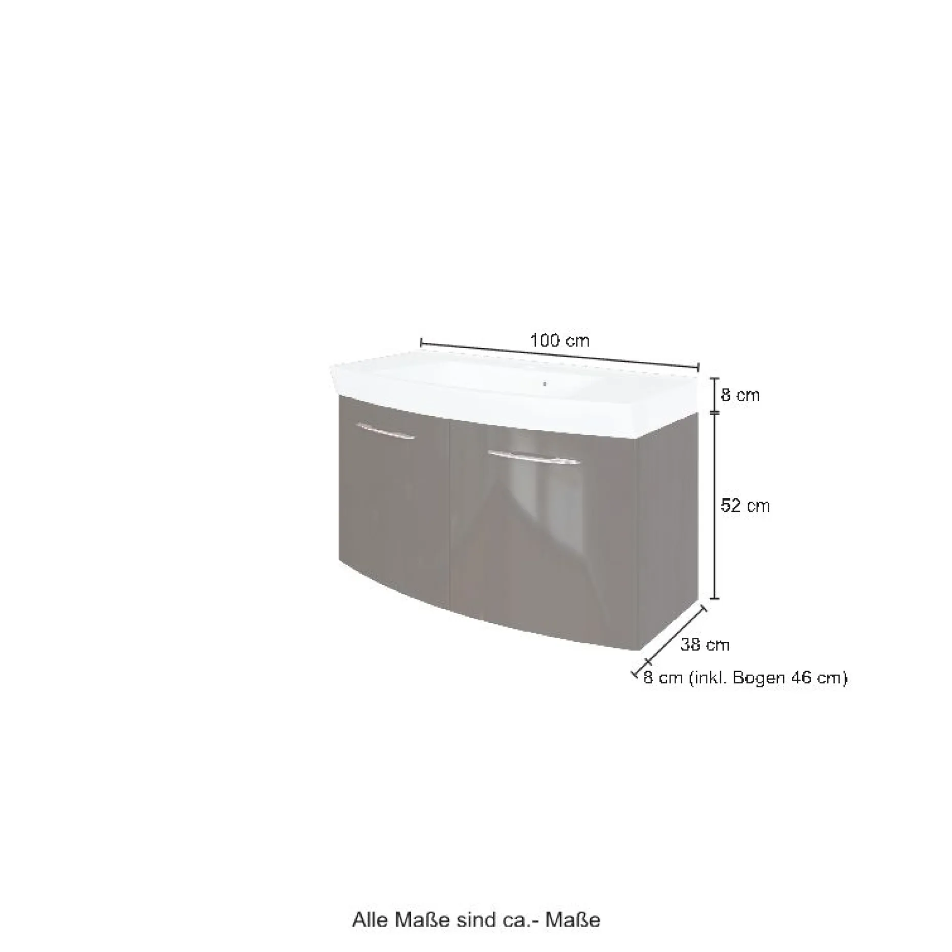 Waschbeckenschrank Florent gebogen 100cm 2 Türen - graphit/graue Eiche