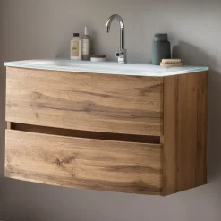 Waschbeckenschrank Kornel 80cm weißes Waschbecken - Eiche