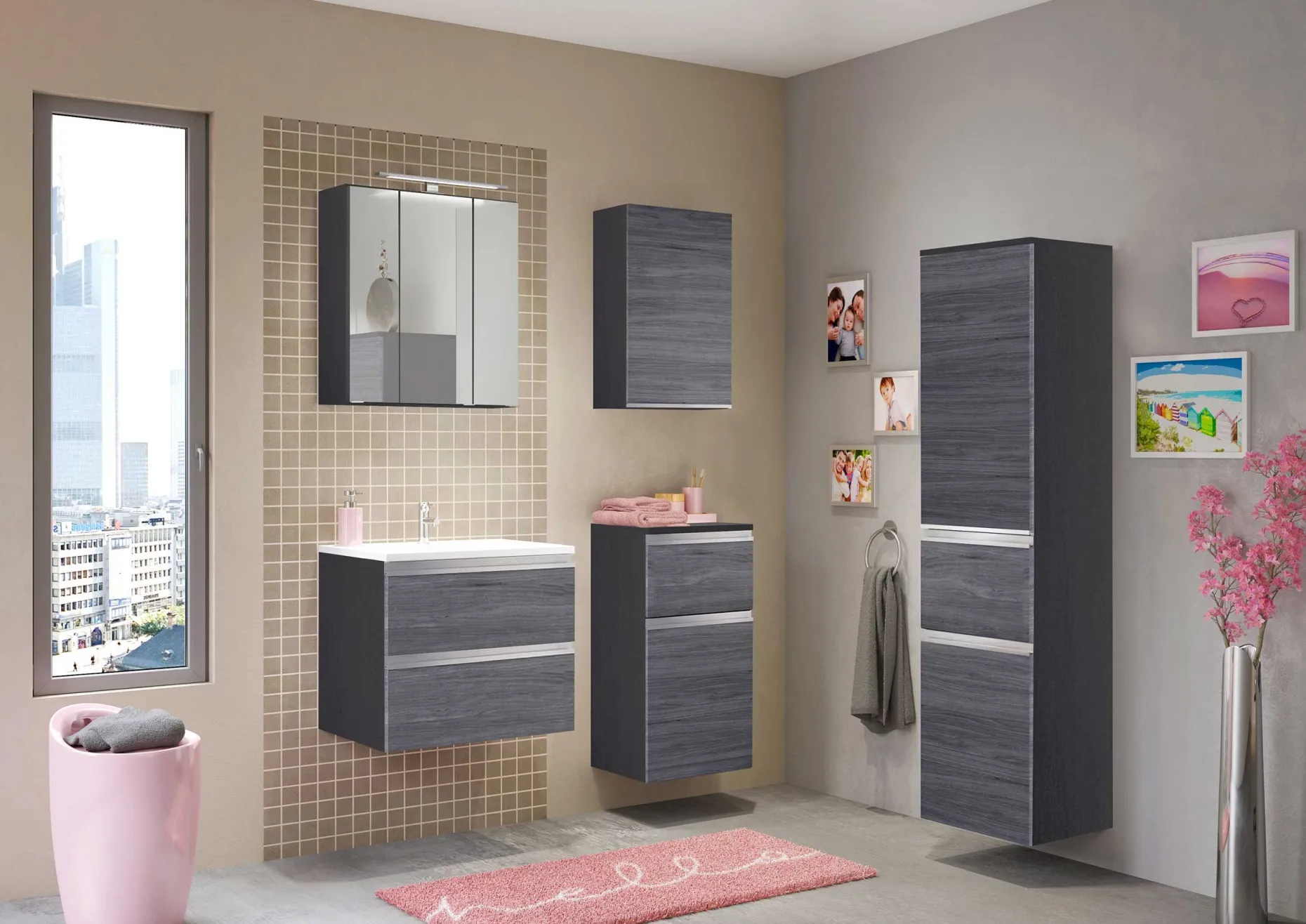 Waschbeckenschrank Lotuk L60xT48cm mit 2 Schubladen - Eiche grau