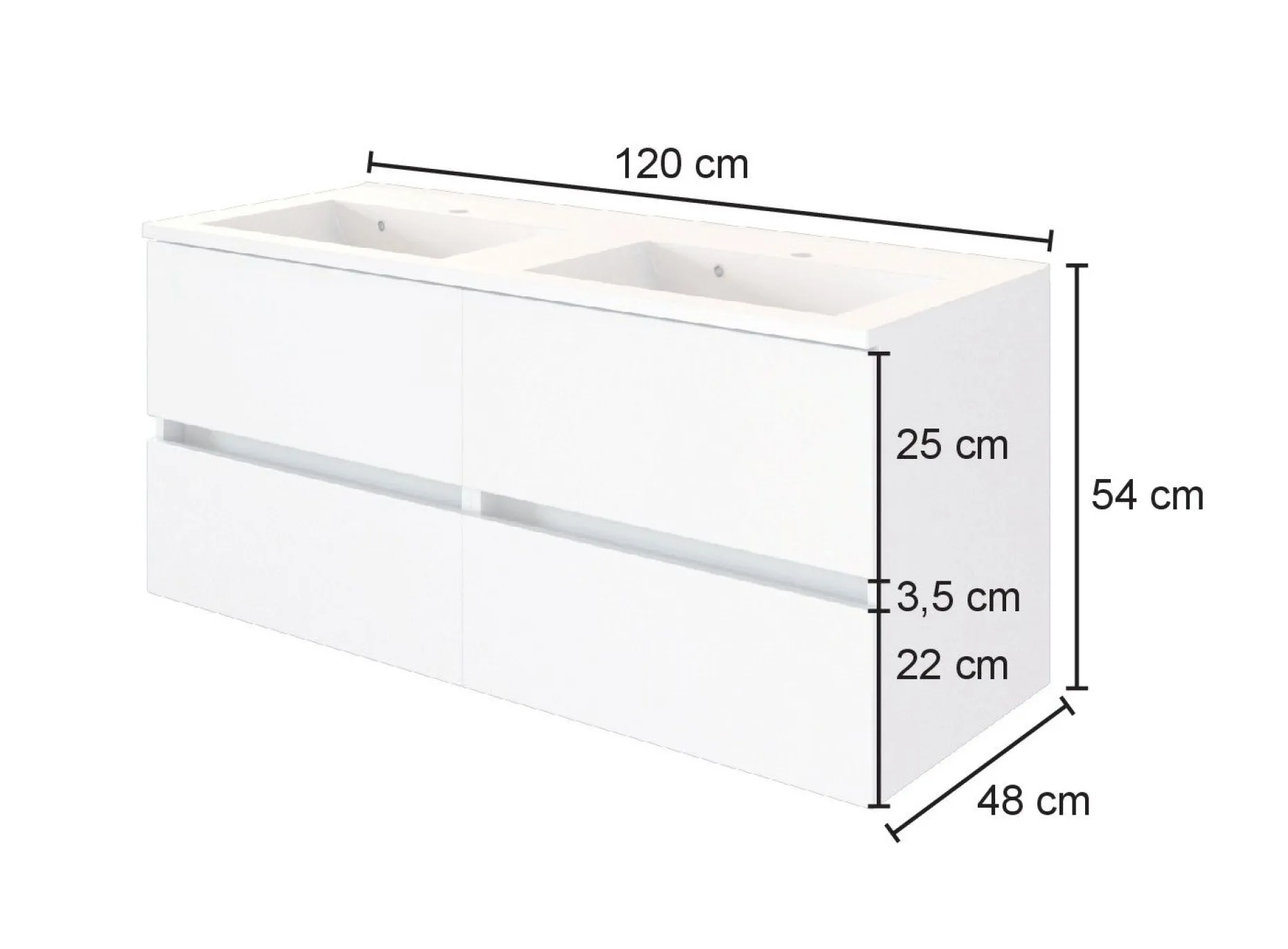Waschbeckenschrank Luna 120cm mit Doppelwaschbecken und 4 Schubladen - Eiche/Weiß