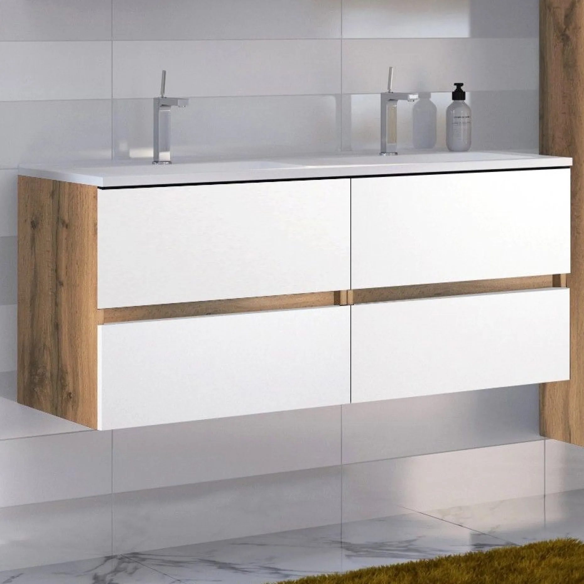 Waschbeckenschrank Luna 120cm mit Doppelwaschbecken und 4 Schubladen - Eiche/Weiß