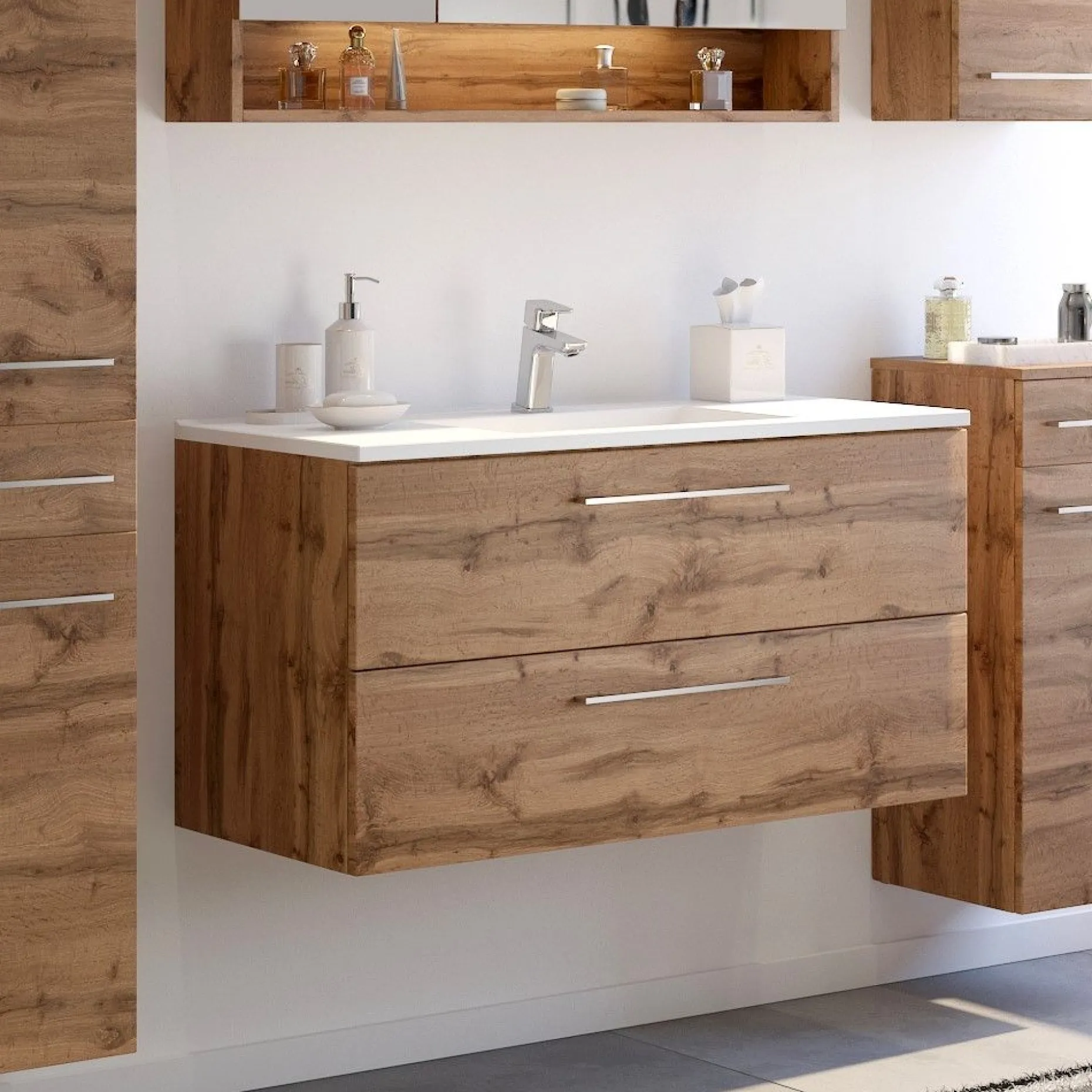 Waschbeckenschrank Sefa 100cm 2 Schubladen - Eiche wotan