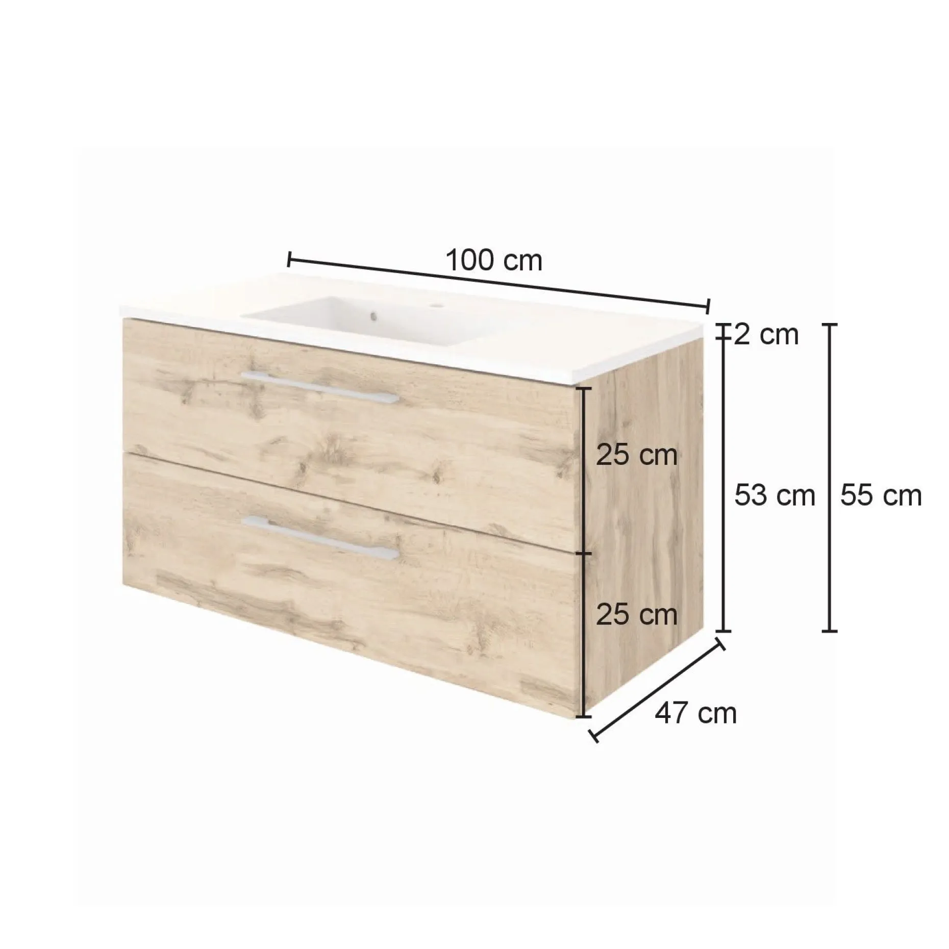 Waschbeckenschrank Sefa 100cm 2 Schubladen - Eiche wotan
