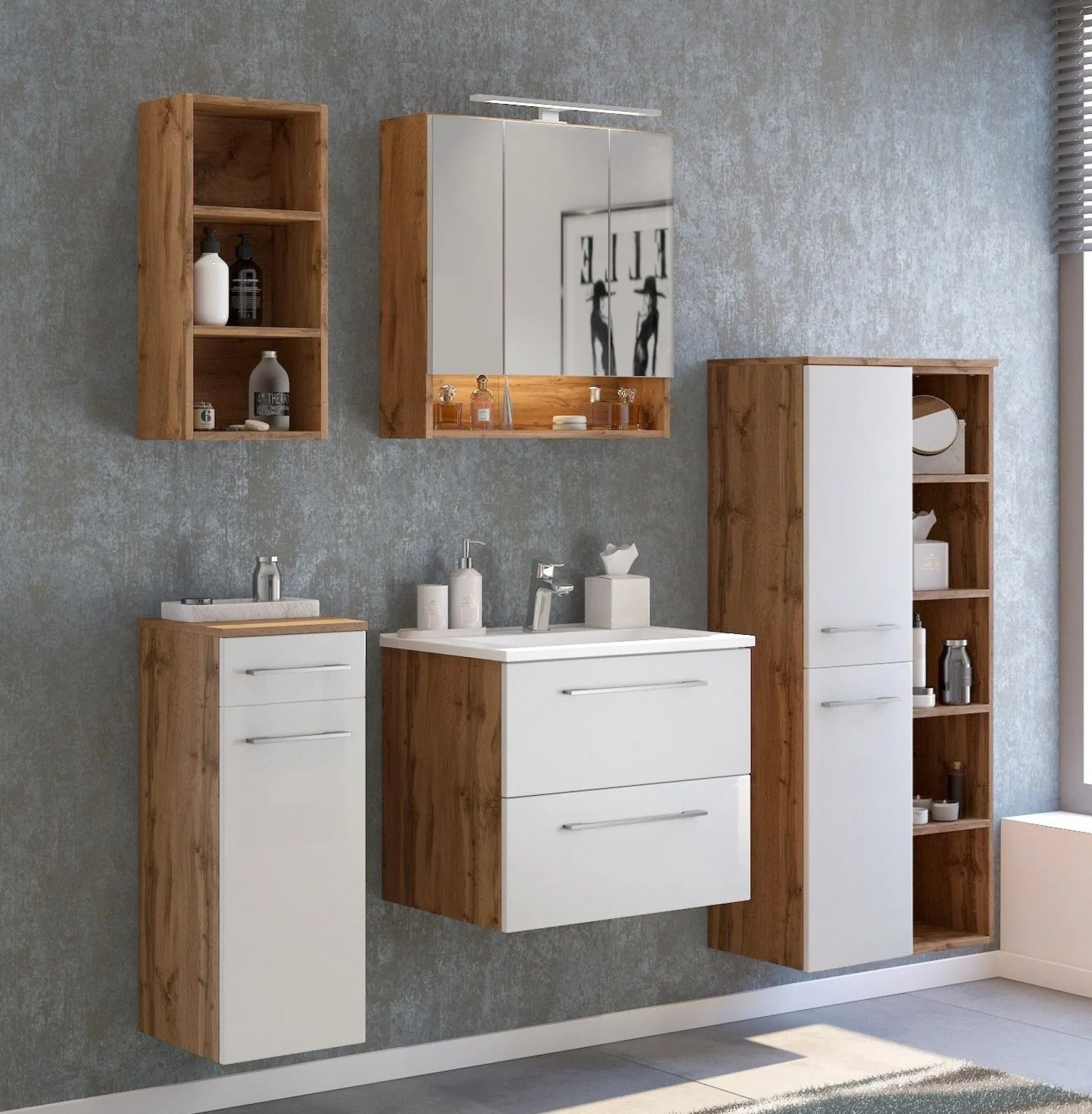 Waschbeckenschrank Sefa 60cm 2 Schubladen - Eiche/Weiß