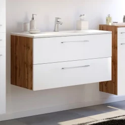 Waschbeckenschrank Sefa 100cm 2 Schubladen - Eiche/Weiß