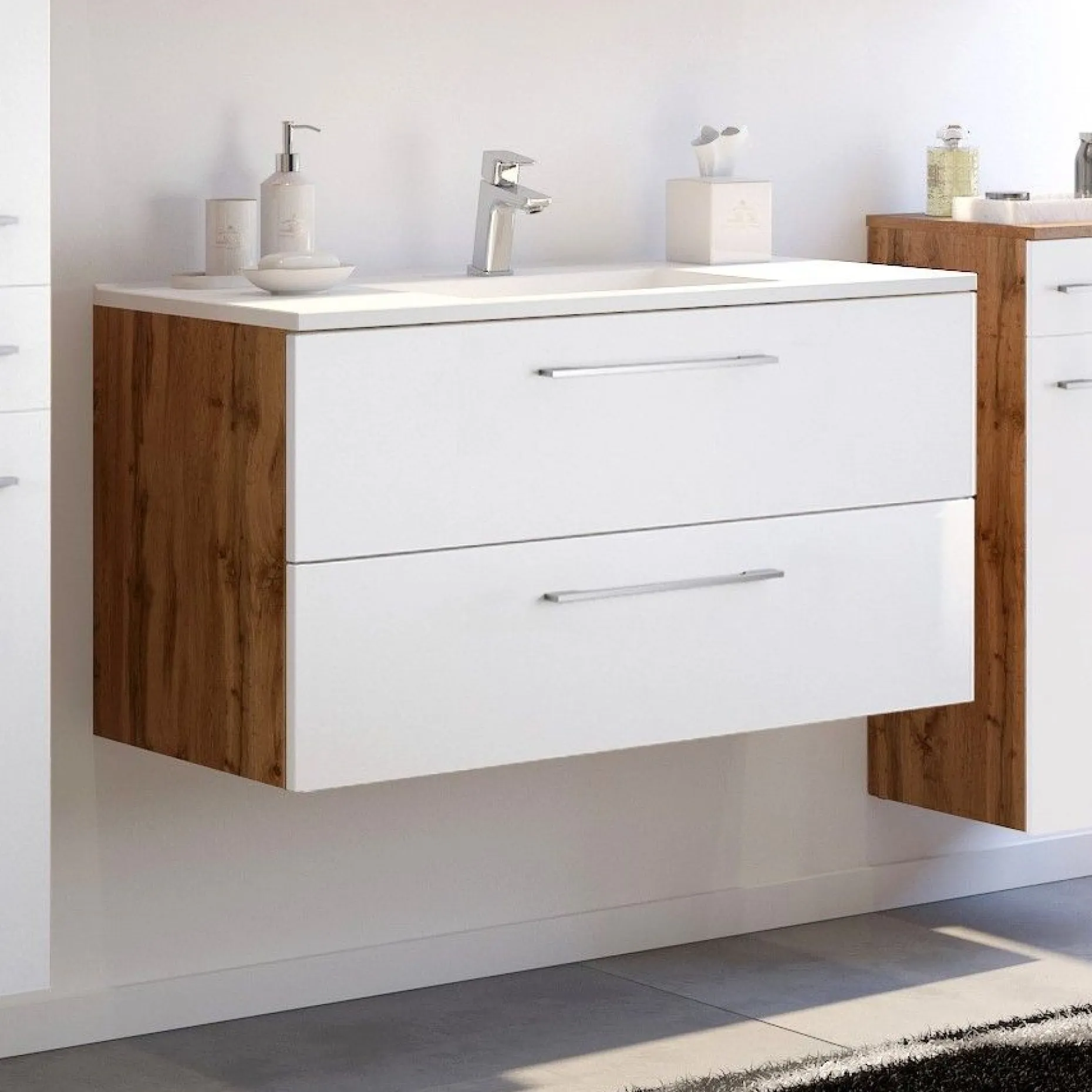 Waschbeckenschrank Sefa 100cm 2 Schubladen - Eiche/Weiß