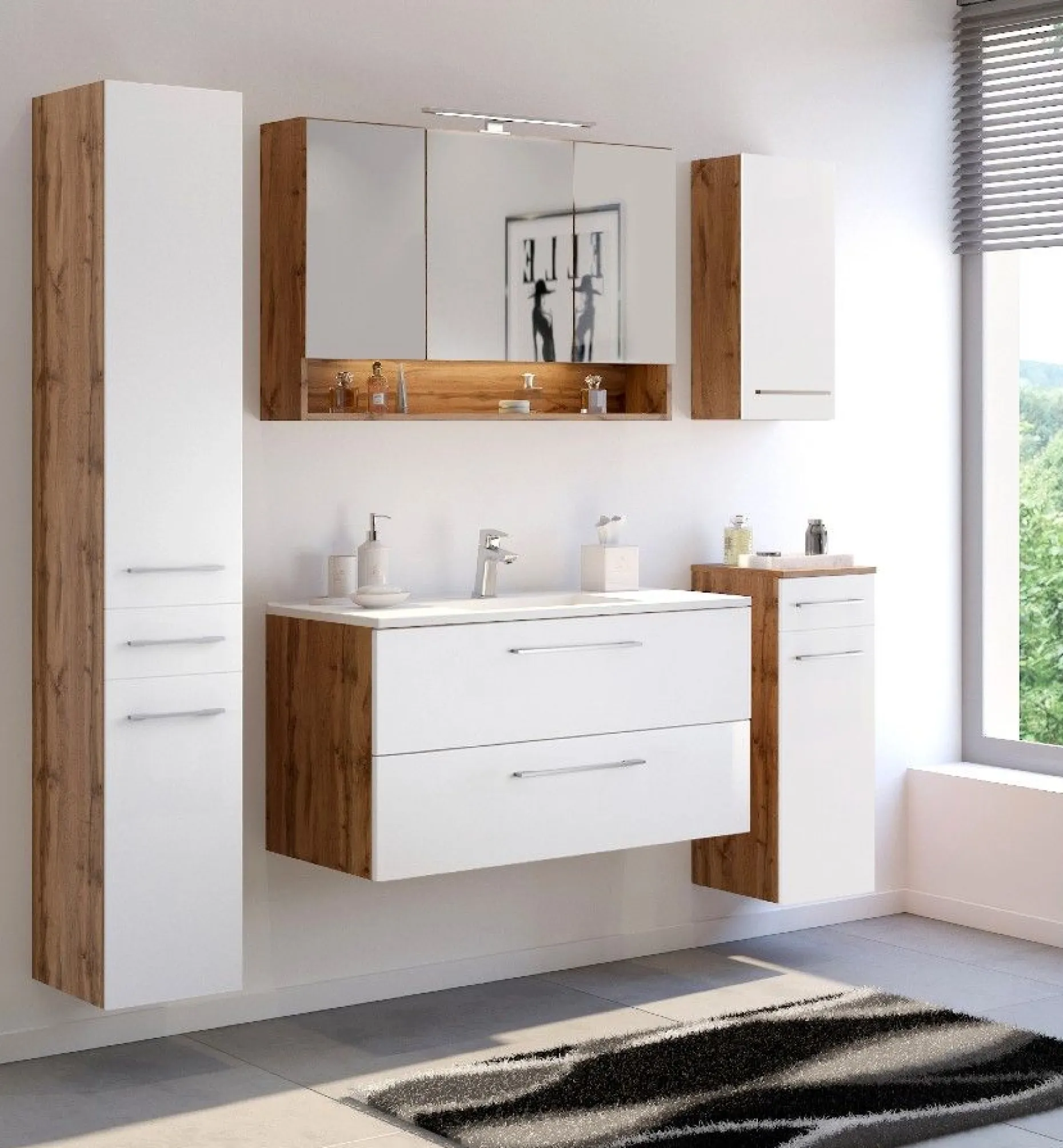 Waschbeckenschrank Sefa 100cm 2 Schubladen - Eiche/Weiß