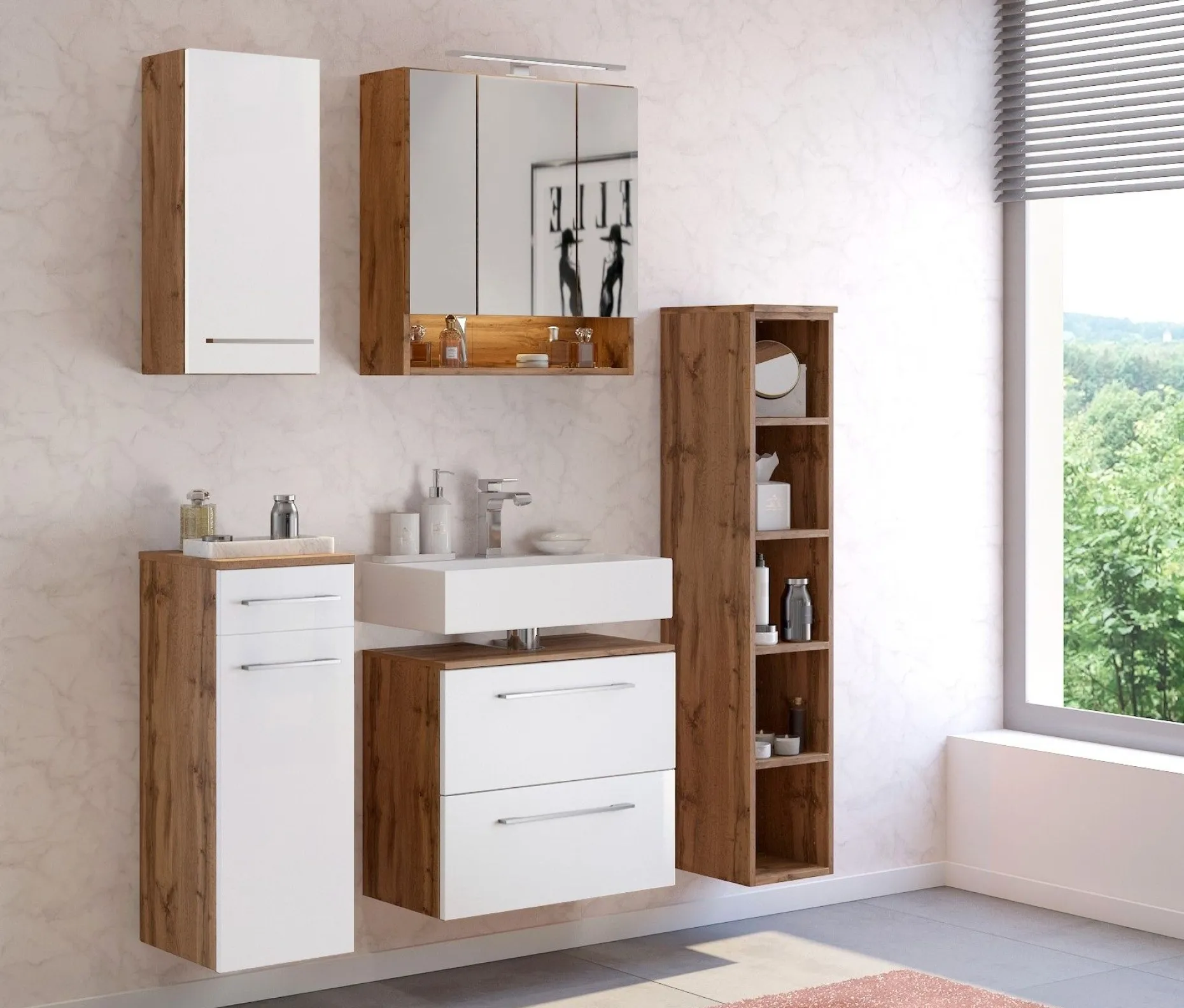 Waschbeckenschrank Sefa 60cm 1 Tür und 1 Schublade - Eiche/Weiß