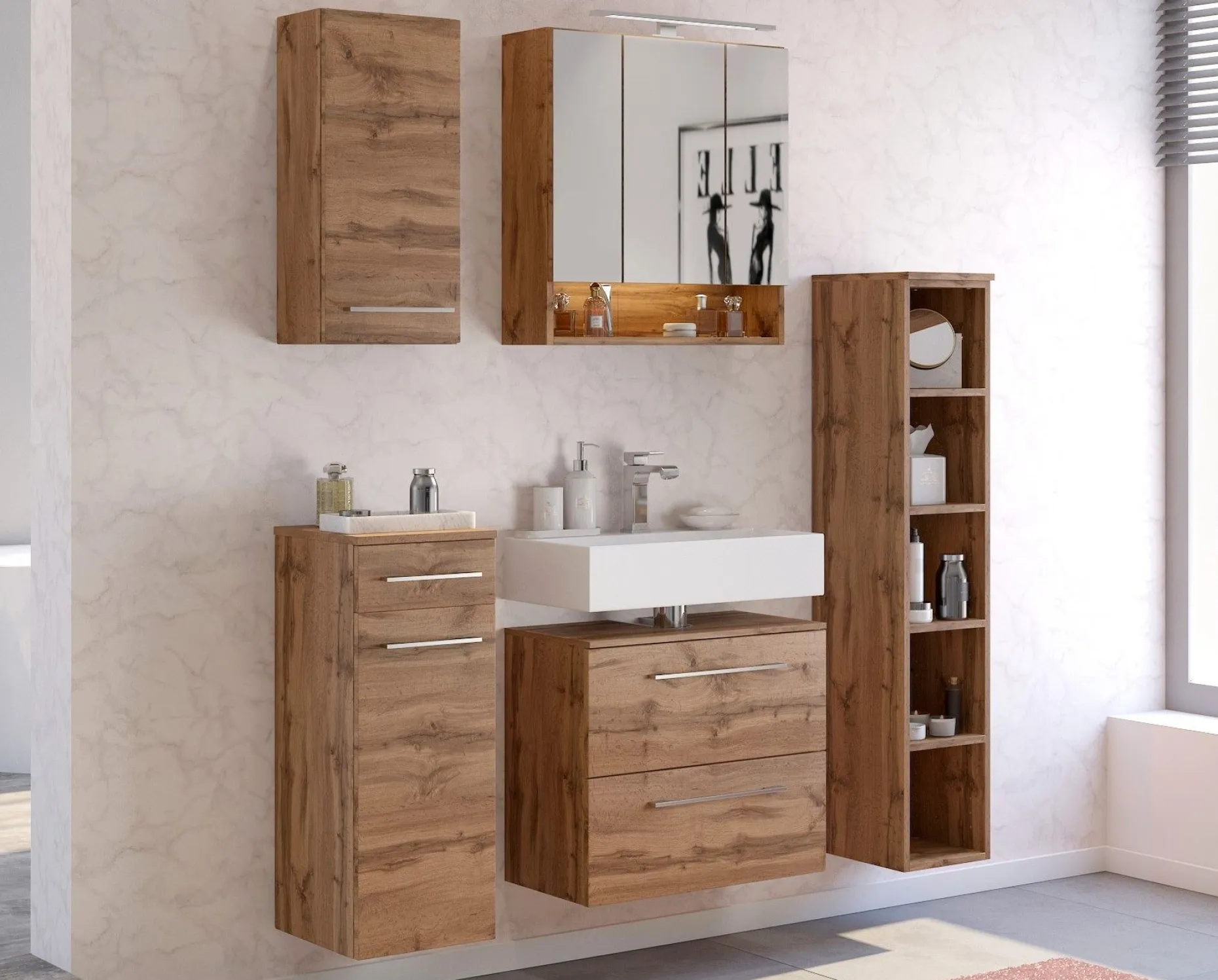 Waschbeckenschrank Sefa 60cm 1 Tür und 1 Schublade - Eiche wotan