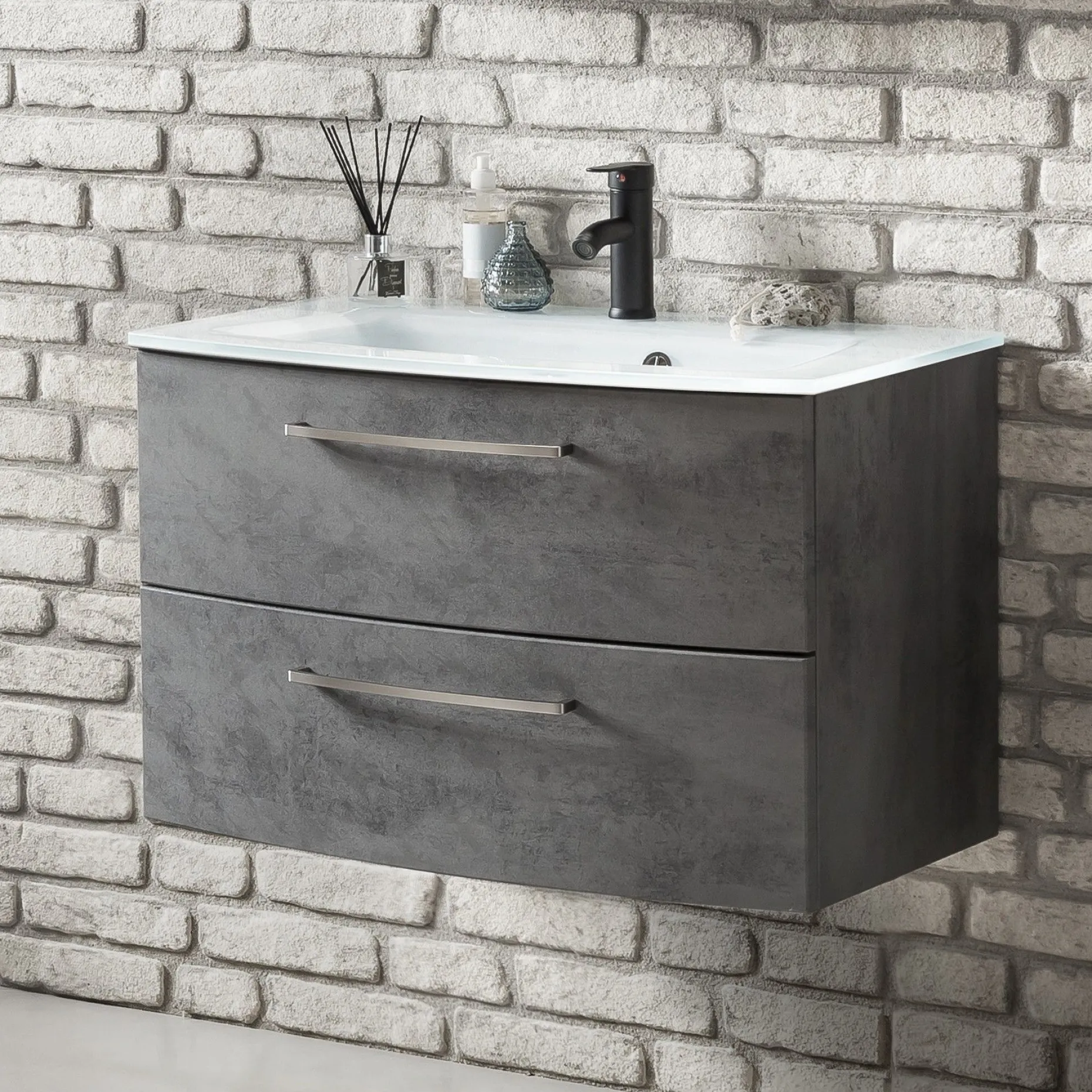 Waschbeckenschrank Stivan 80cm weißes Waschbecken - Beton