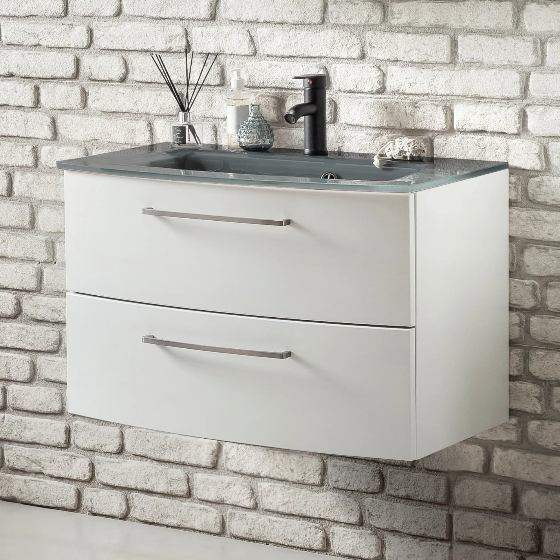 Waschbeckenschrank Stivan 80cm grau Waschbecken - weiß