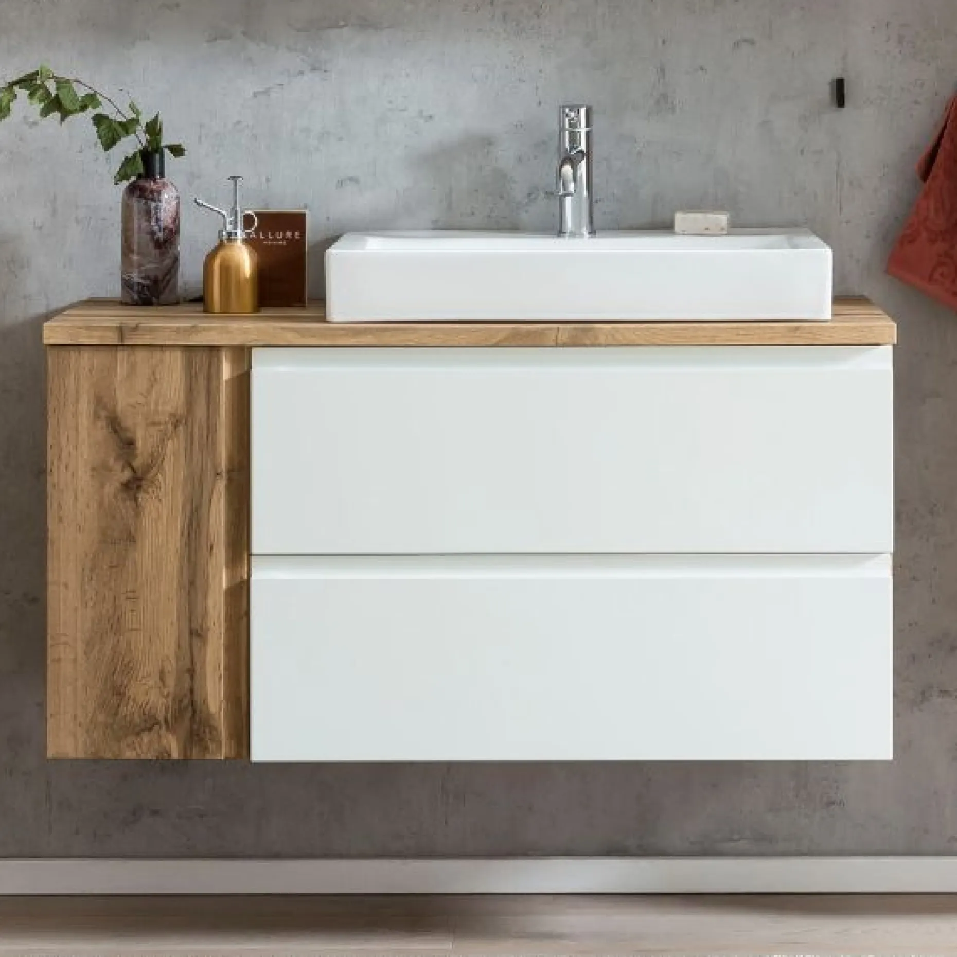 Waschbeckenschrank Varese | 105 x 47 x 65 cm | Wotan Oak / Weiß