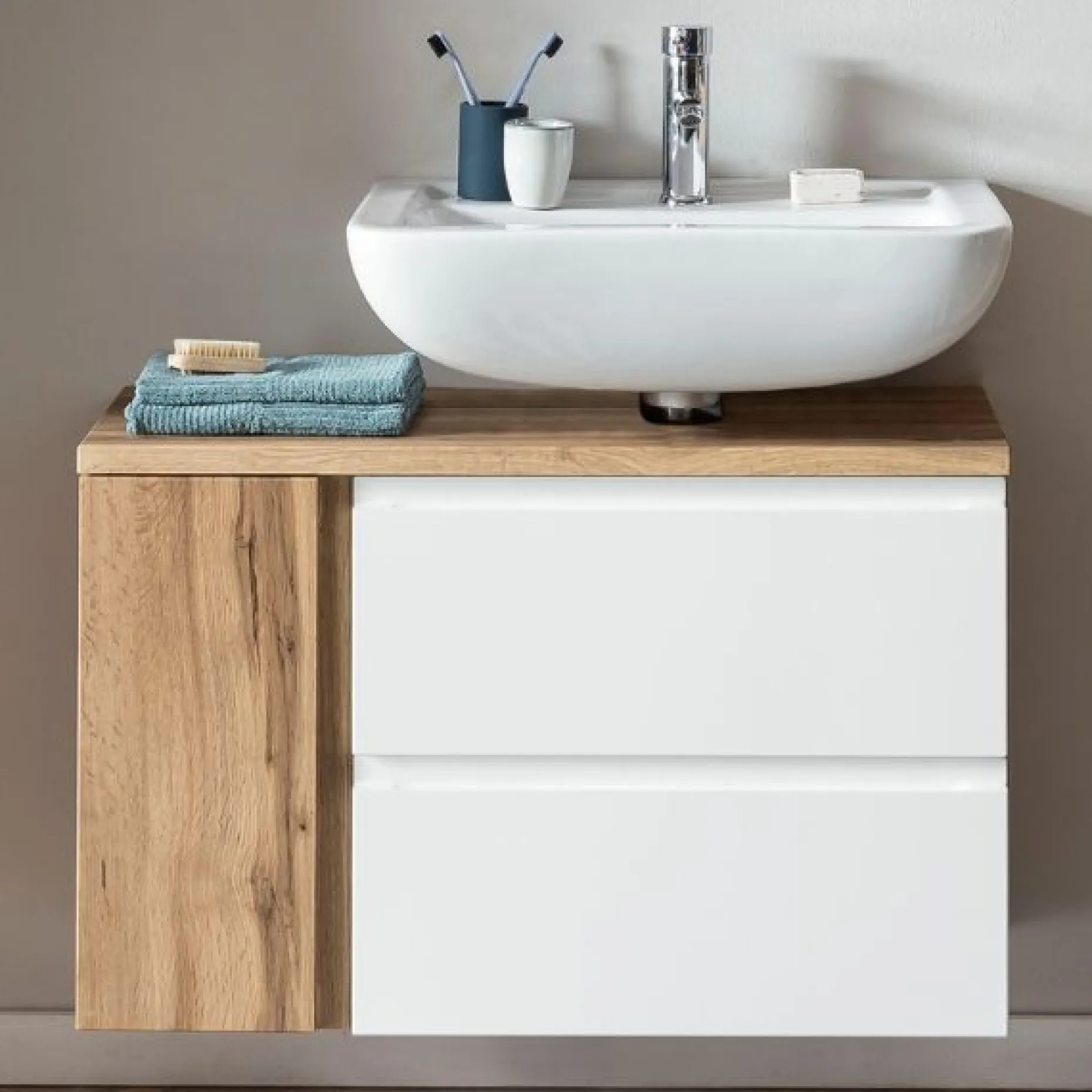 Waschbeckenschrank Varese | 85 x 47 x 56 cm | Wotan Oak / Weiß