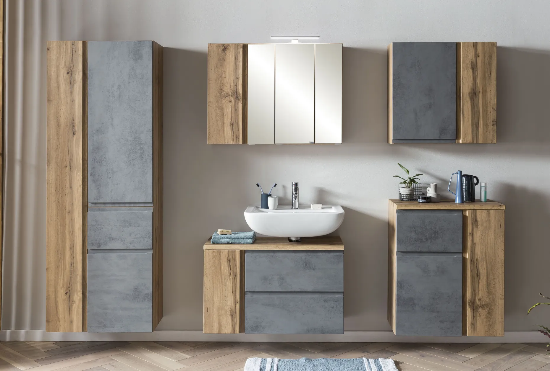 Waschbeckenschrank Varese | 85 x 47 x 56 cm | Wotan Oak / Betonfarbe