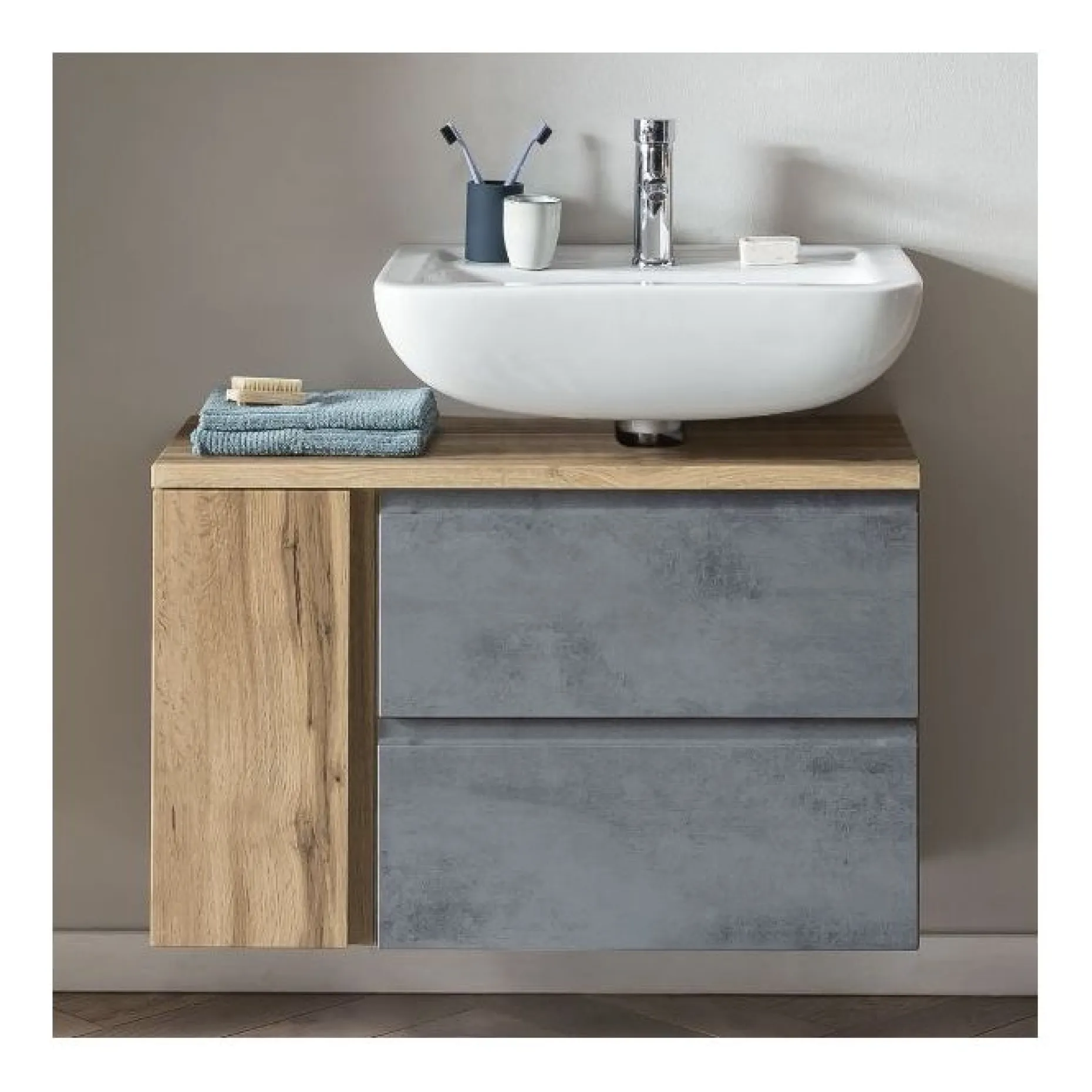 Waschbeckenschrank Varese | 85 x 47 x 56 cm | Wotan Oak / Betonfarbe