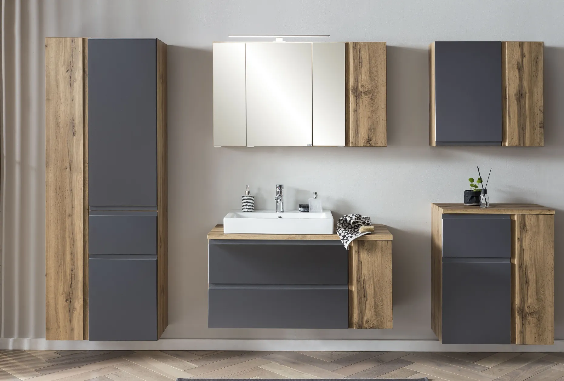 Waschbeckenschrank Varese | 105 x 47 x 65 cm | Wotan Oak / Grey