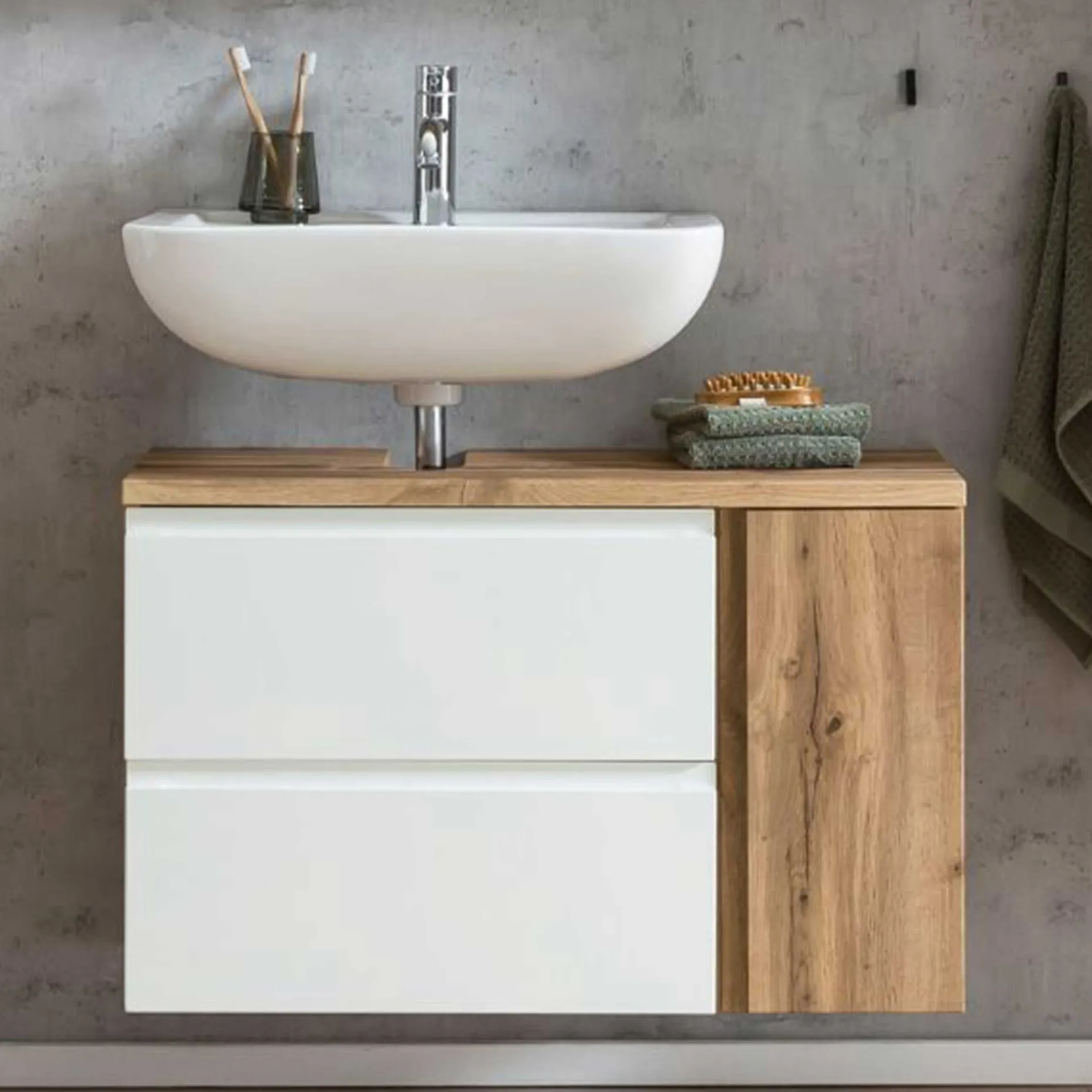 Waschbeckenschrank Varese | 85 x 47 x 56 cm | Wotan Oak / Weiß