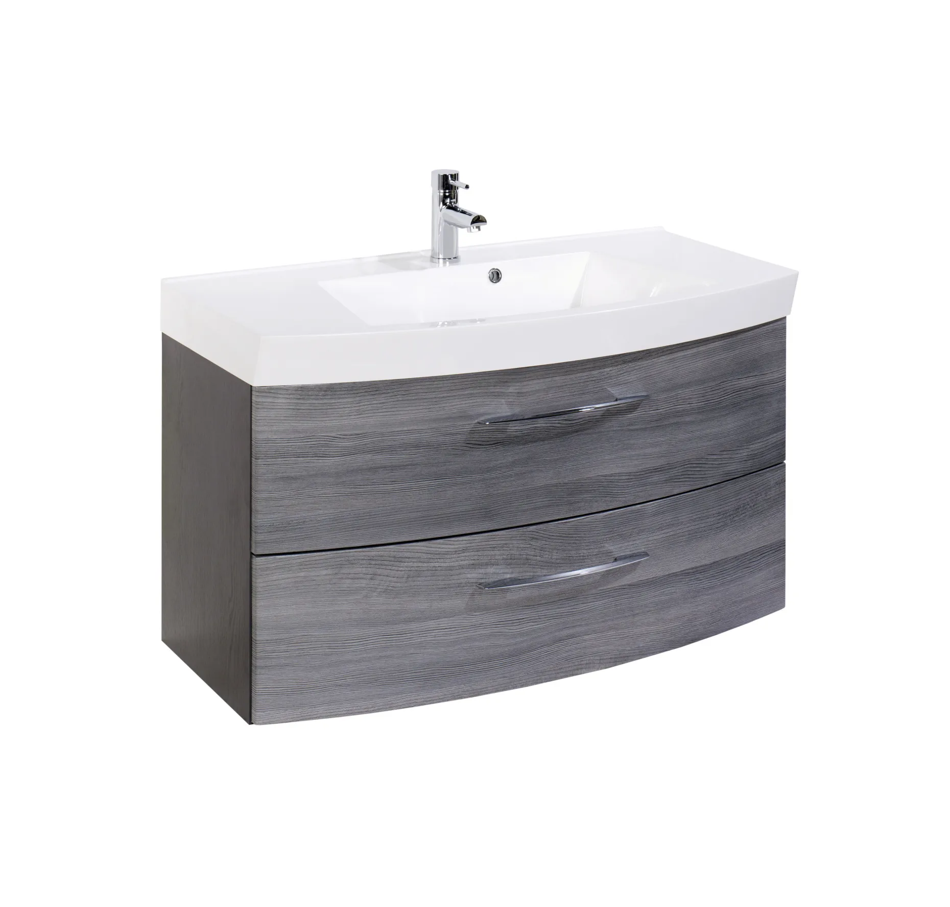 Waschbeckenunterschrank Florent gebogen 100cm 2 Schubladen - graphit/graue Eiche