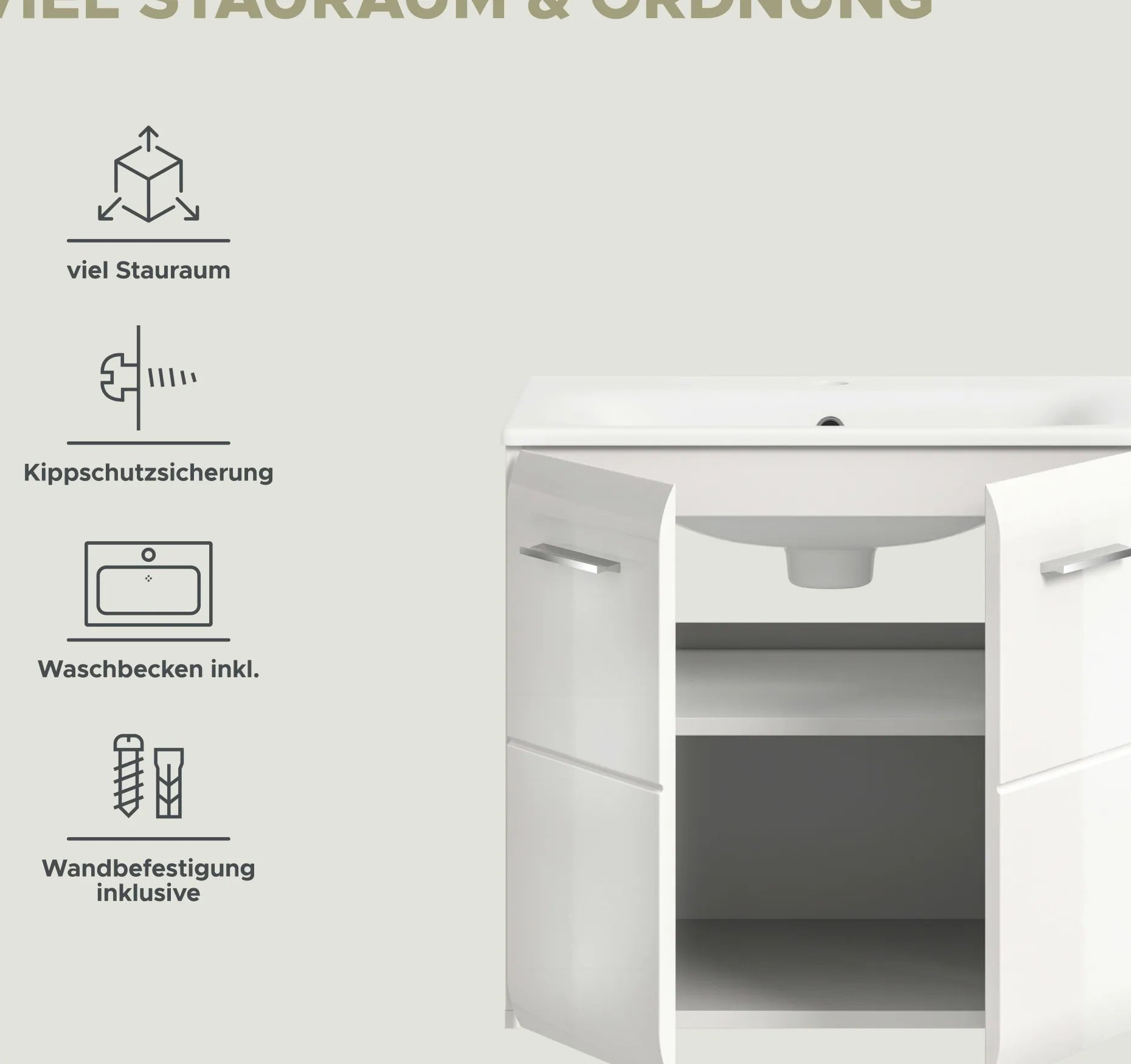 Waschbeckenunterschrank Ice Xonox - MDF Hochglanz - 60x55x46 cm - Weiß