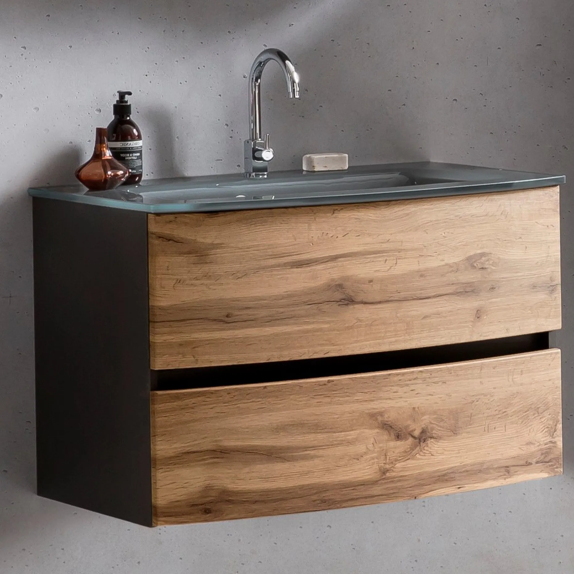 Waschbeckenunterschrank Kornel 80cm grau Waschbecken - graphitgrau/eiche