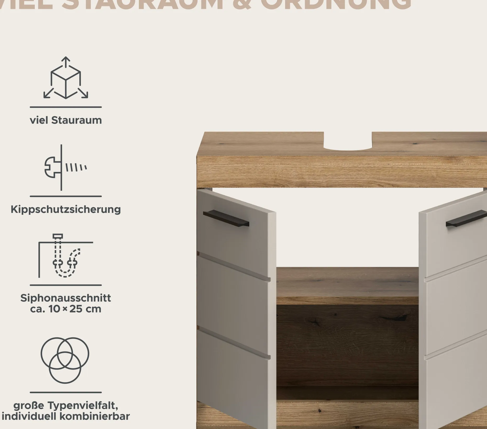 Waschbeckenunterschrank Scout Xonox - Evoak Eiche & Cashmere - 60x56x34 cm