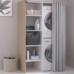 Waschmaschinenschrank Laundry - 113x70x184cm - 4 Einlegeböden und Vorhang - Eichendekor