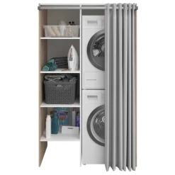 Waschmaschinenschrank Laundry - 113x70x184cm - 4 Einlegeböden und Vorhang - Eichendekor