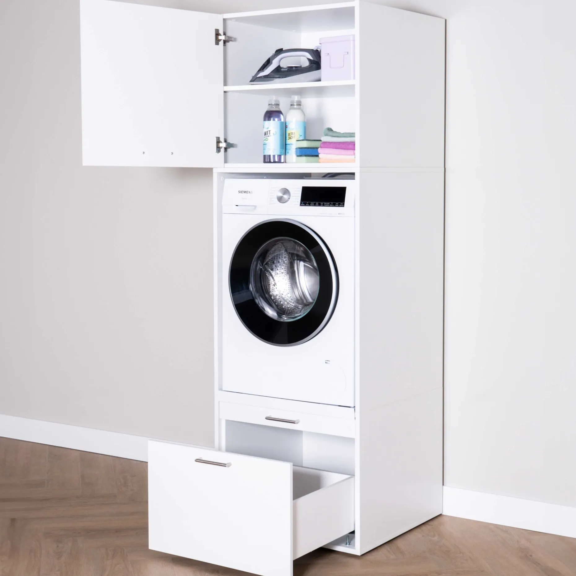 Waschmaschinenschrank Linea - 66x67x200cm - 1 Tür und 1 Schublade - weiß