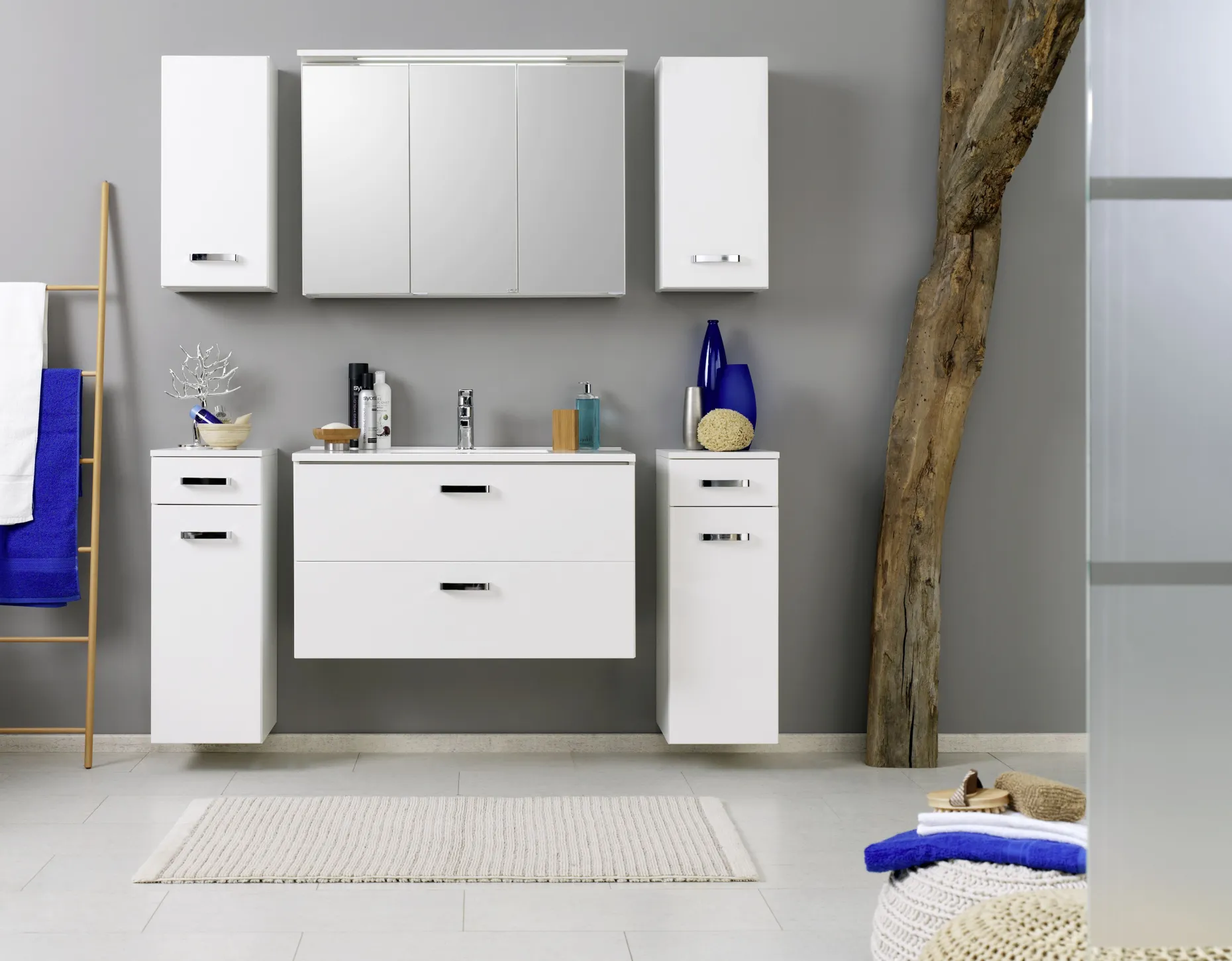 Waschtischunterschrank Bobbi 100cm mit 2 Schubladen und Keramikwaschbecken - weiß