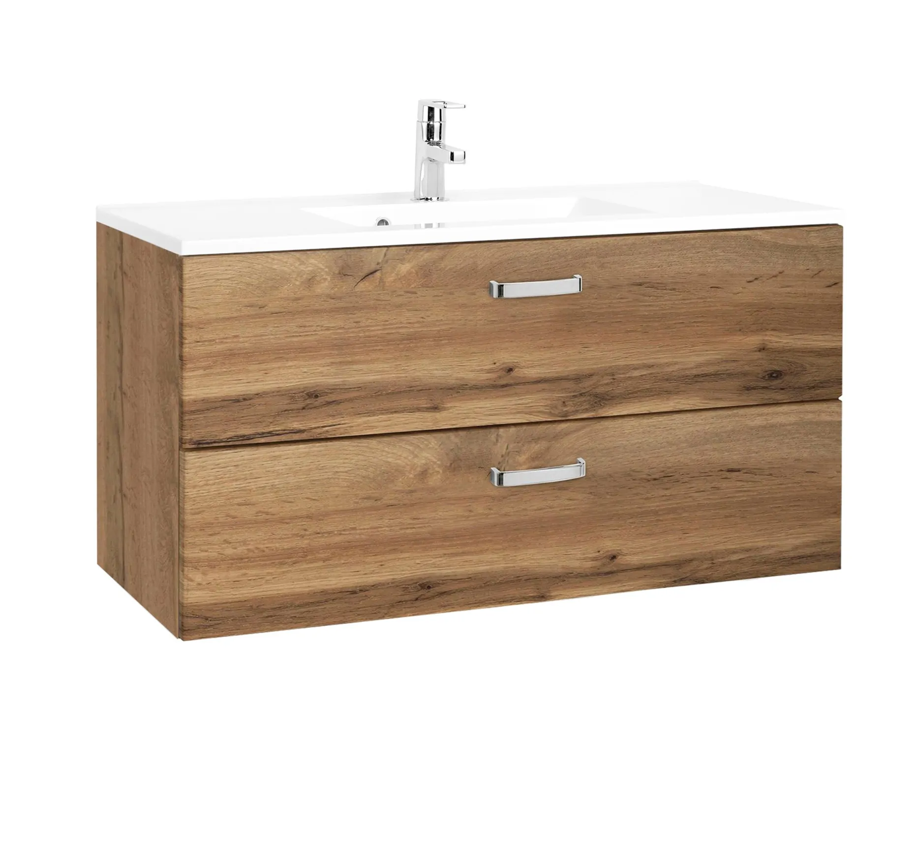 Waschtischunterschrank Bobbi 100cm mit 2 Schubladen und Keramikwaschbecken - Eiche