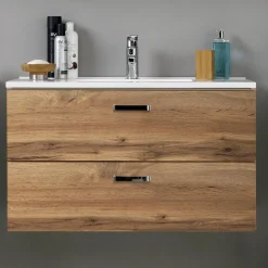 Waschtischunterschrank Bobbi 100cm mit 2 Schubladen und Keramikwaschbecken - Eiche