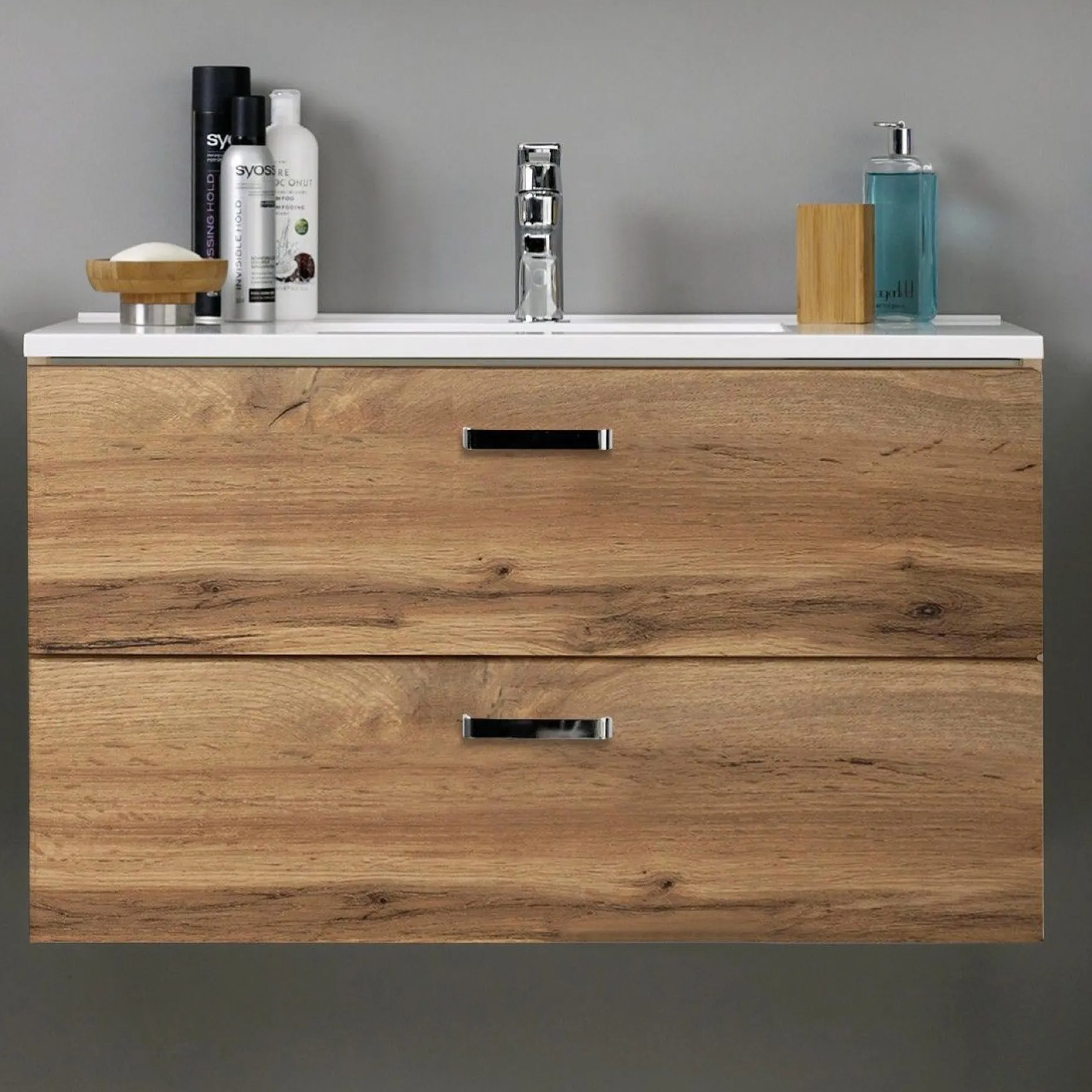 Waschtischunterschrank Bobbi 100cm mit 2 Schubladen und Keramikwaschbecken - Eiche