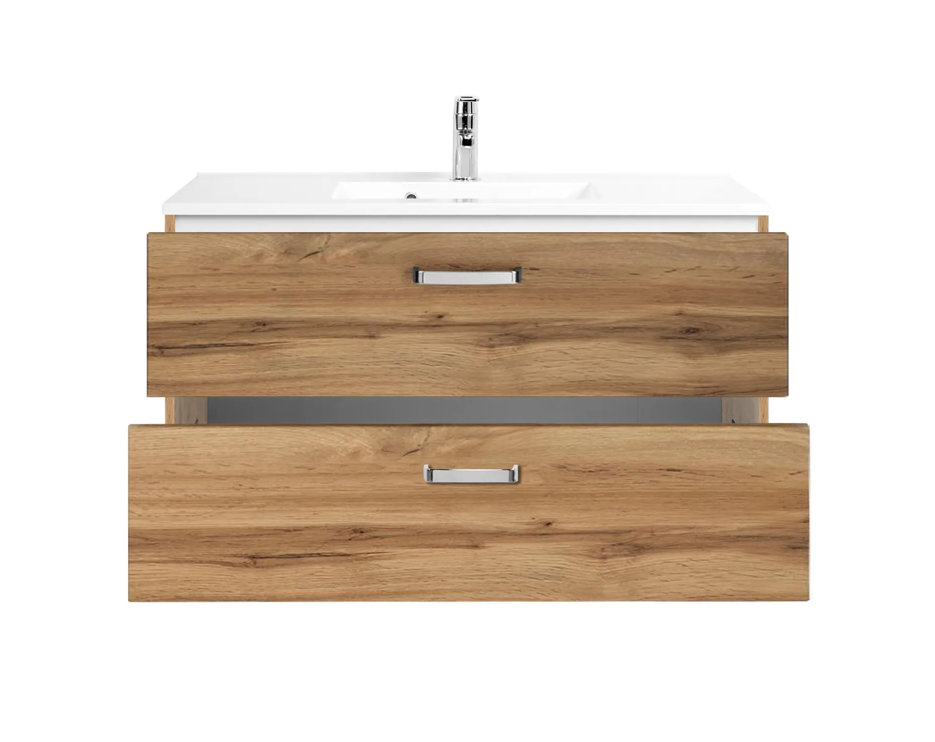 Waschtischunterschrank Bobbi 100cm mit 2 Schubladen und Keramikwaschbecken - Eiche