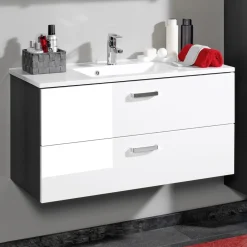 Waschtischunterschrank Bobbi 80cm 2 Schubladen - graphit/hochglanz-weiß