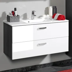 Waschtischunterschrank Bobbi 90cm 2 Schubladen - graphit/hochglanz-weiß