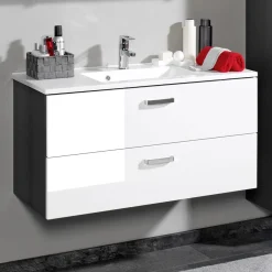 Waschtischunterschrank Bobbi 100cm mit 2 Schubladen und Keramikwaschbecken - graphit/hochglanz-weiß