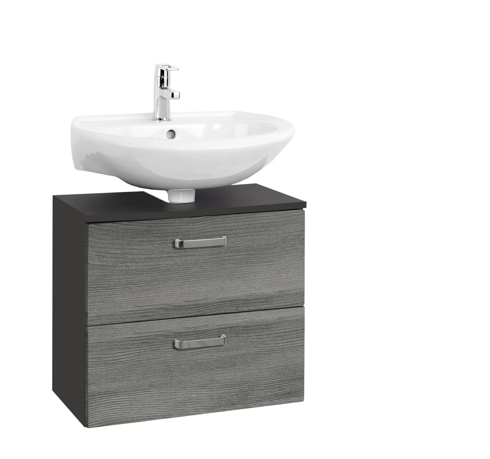Waschtischunterschrank Bobbi 60cm 1 Tür und 1 Softclose-Schublade - graphit/graue Eiche