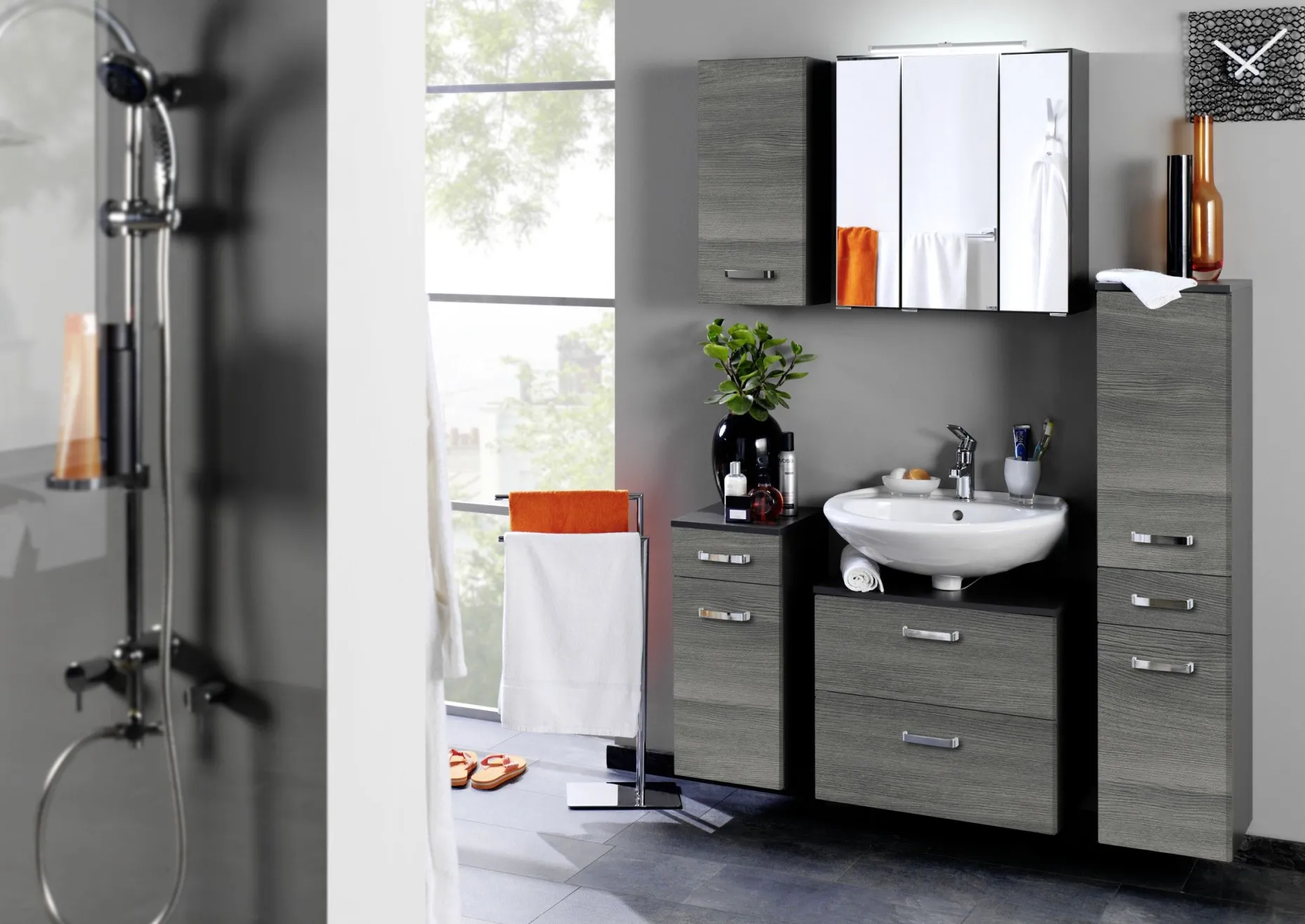 Waschtischunterschrank Bobbi 60cm 1 Tür und 1 Softclose-Schublade - graphit/graue Eiche