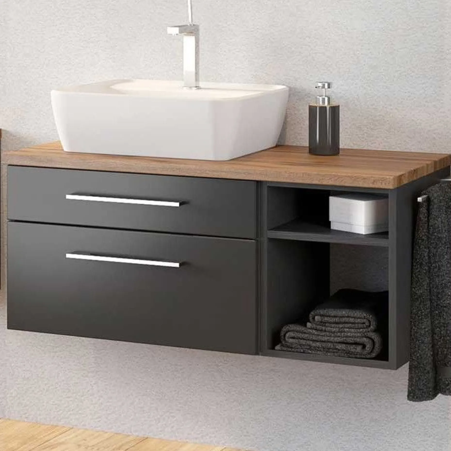 Waschtischunterschrank Dasa (links) 90cm mit 2 Schubladen - graphit/mattgrau